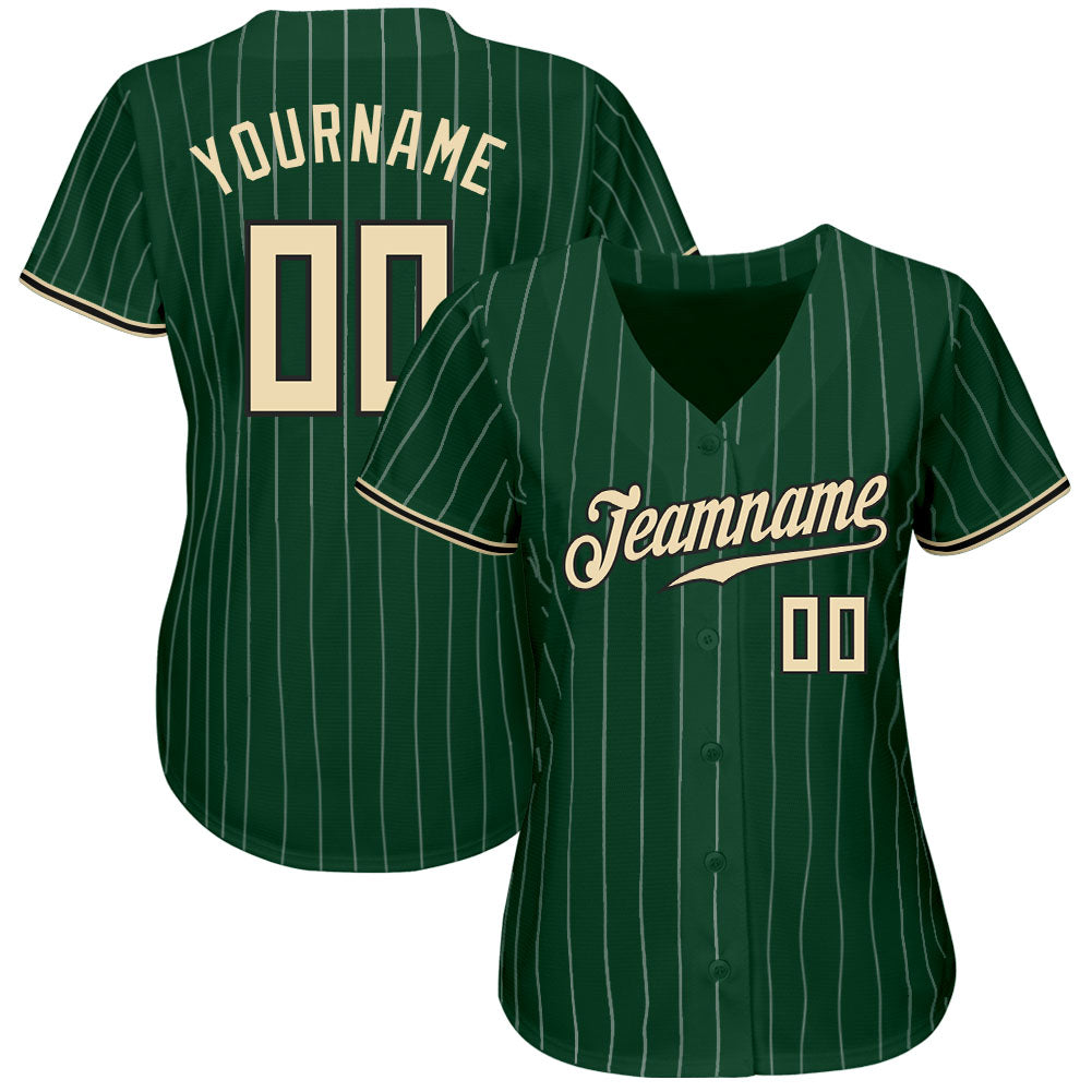 Custom Green White Pinstripe Cream-Black Authentic Baseball Jersey baseball jersey product view 2