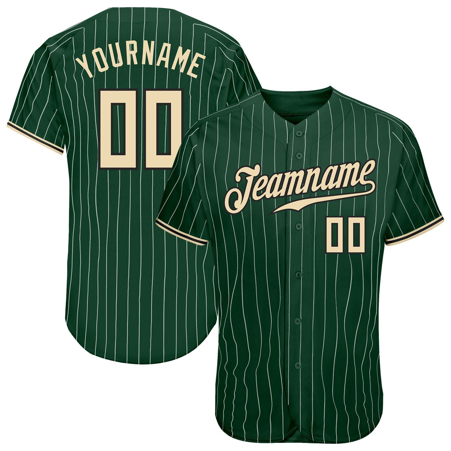 Custom Green White Pinstripe Cream-Black Authentic Baseball Jersey baseball jersey product view 1