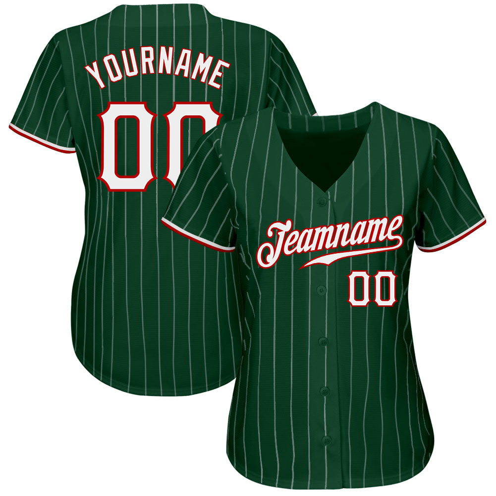 Custom Green White Pinstripe White-Red Authentic Baseball Jersey baseball jersey product view 2