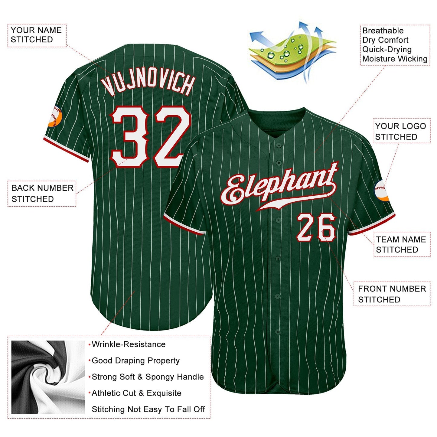 Custom Green White Pinstripe White-Red Authentic Baseball Jersey baseball jersey product view 3