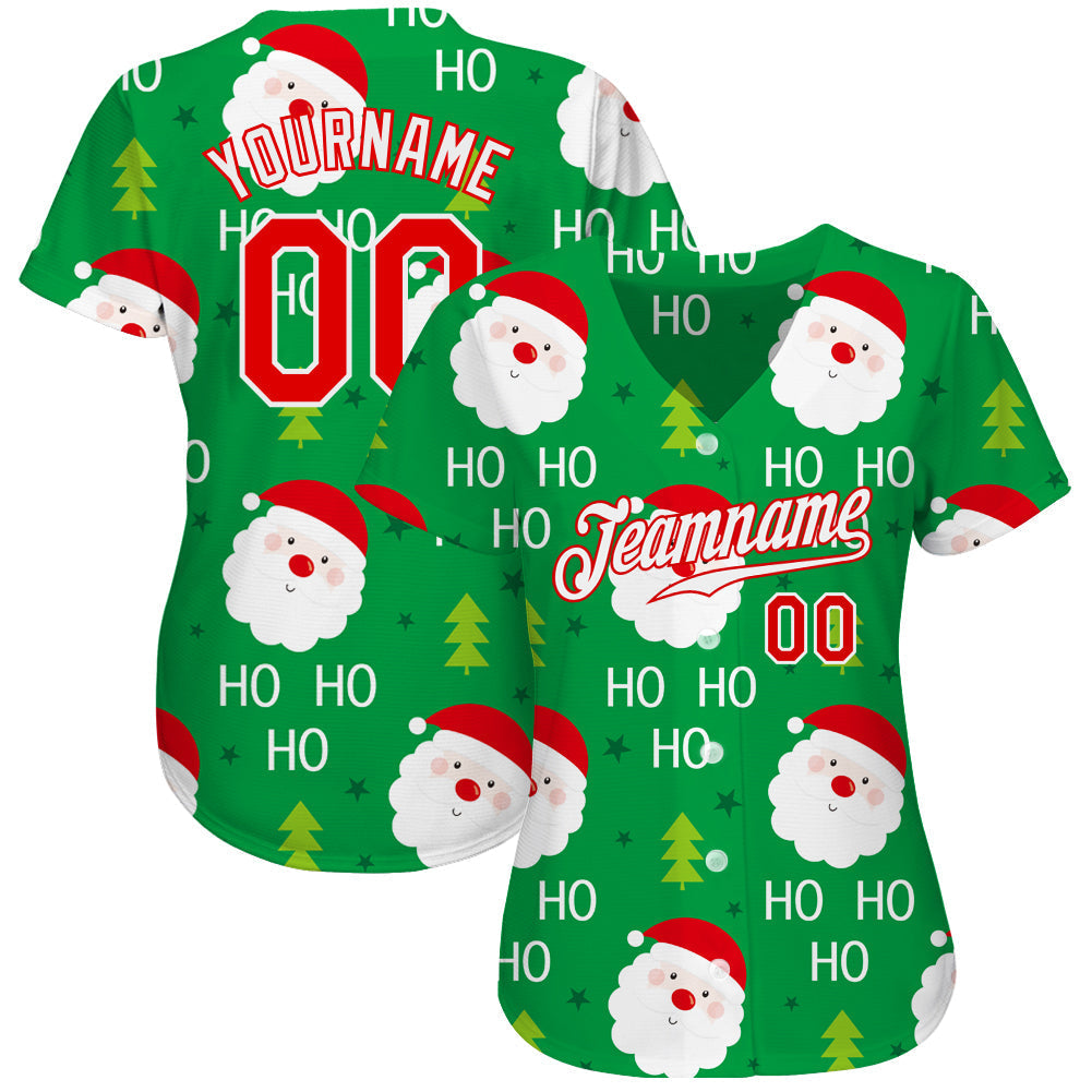 Custom Green Red-White Christmas 3D Authentic Baseball Jersey baseball jersey product view 2