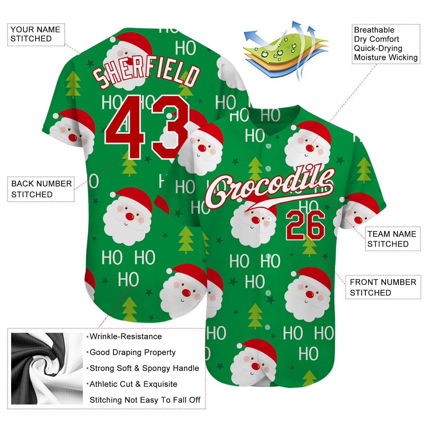 Custom Green Red-White Christmas 3D Authentic Baseball Jersey baseball jersey product view 3