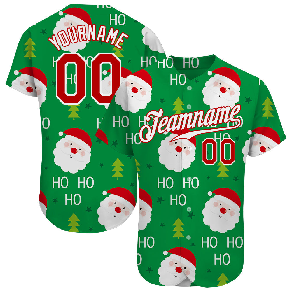 Custom Green Red-White Christmas 3D Authentic Baseball Jersey baseball jersey product view 1