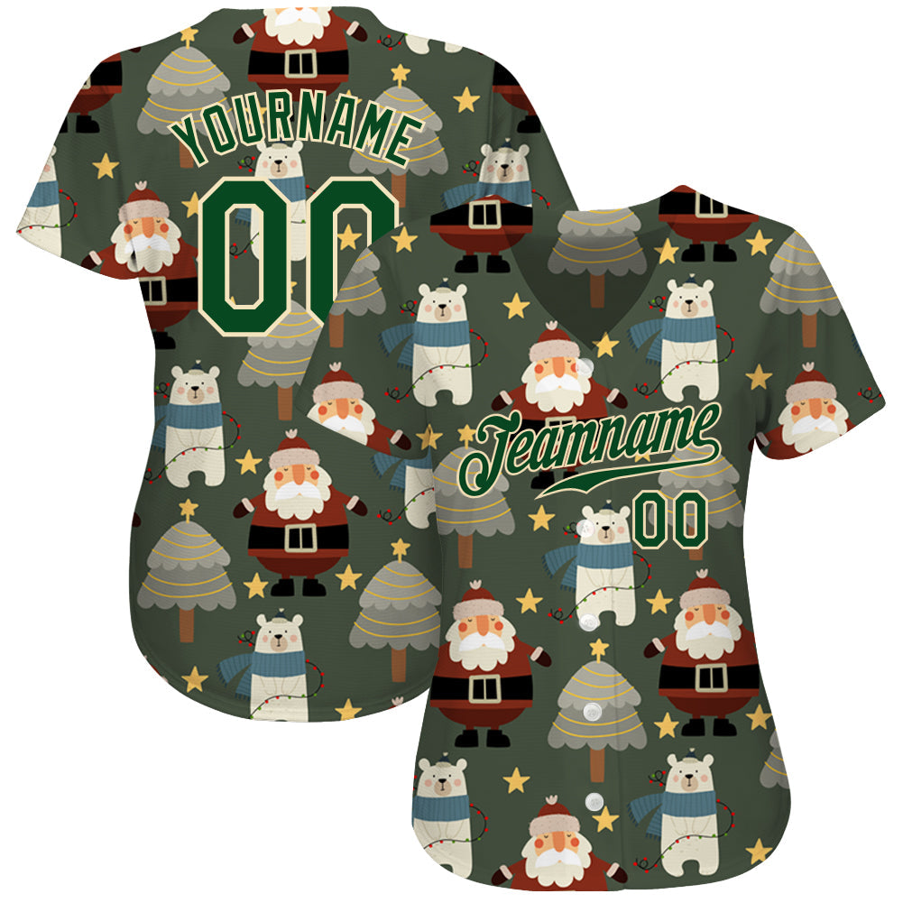 Custom Green Green-Cream Christmas 3D Authentic Baseball Jersey baseball jersey product view 2