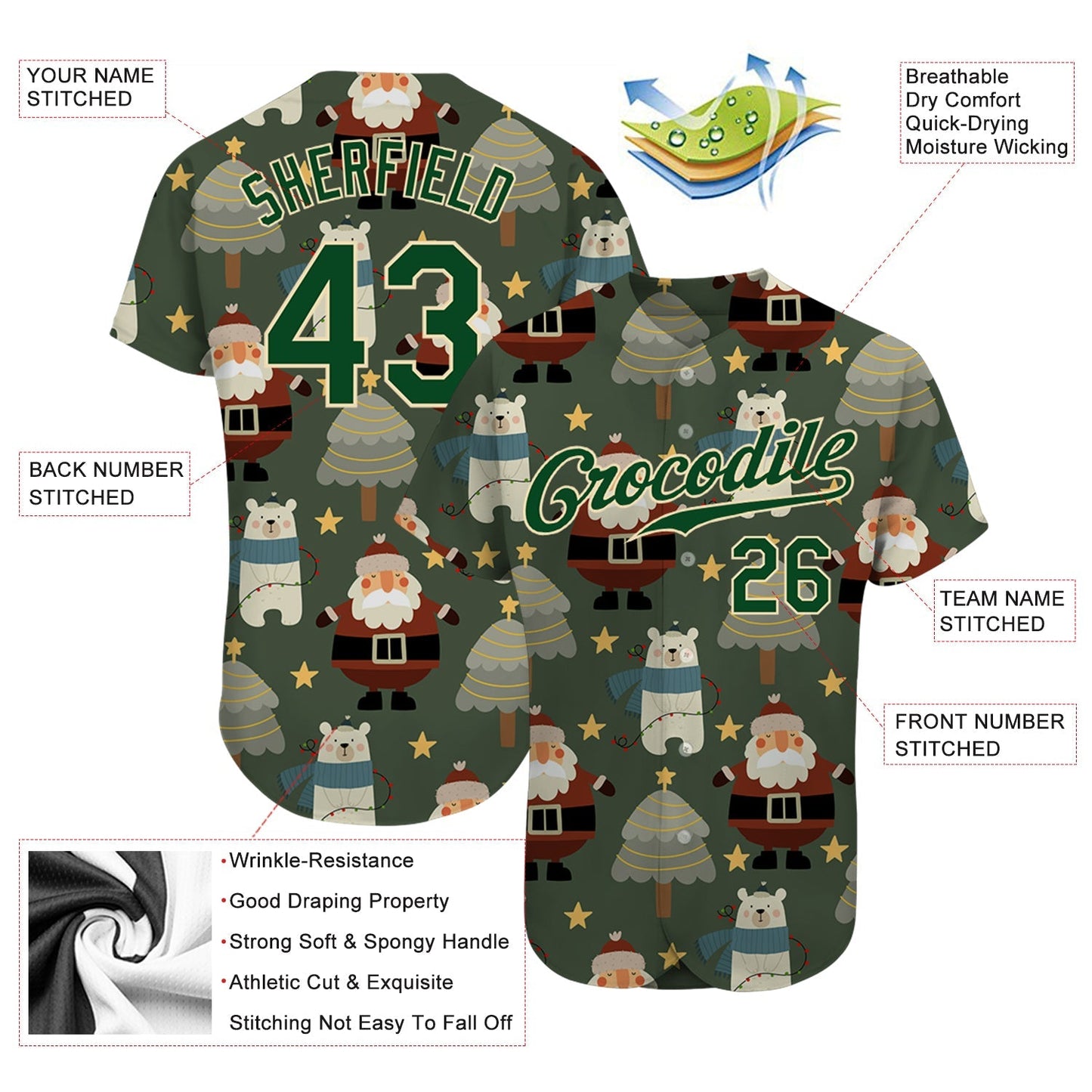 Custom Green Green-Cream Christmas 3D Authentic Baseball Jersey baseball jersey product view 3