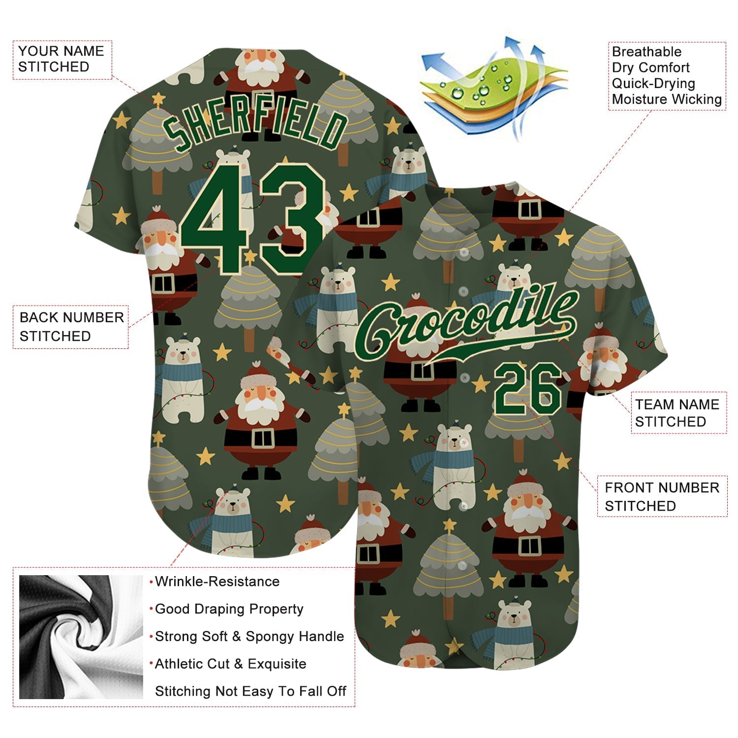 Custom Green Green-Cream Christmas 3D Authentic Baseball Jersey baseball jersey product view 3