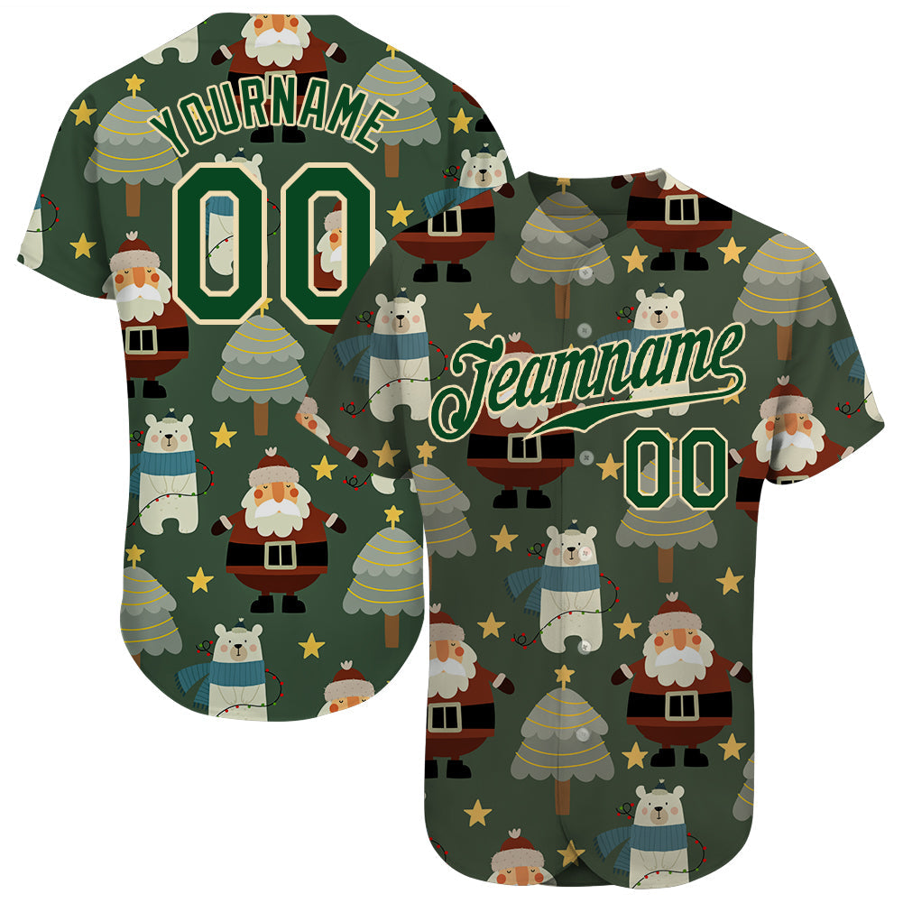Custom Green Green-Cream Christmas 3D Authentic Baseball Jersey baseball jersey product view 1