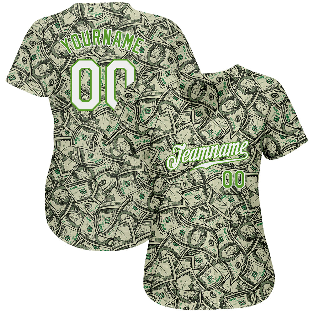 Custom Green White-Neon Green 3D Pattern Design Dollar Authentic Baseball Jersey baseball jersey product view 2