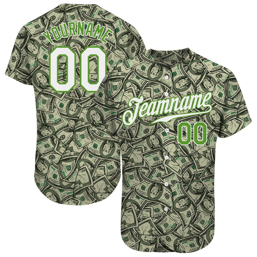 Custom Green White-Neon Green 3D Pattern Design Dollar Authentic Baseball Jersey baseball jersey product view 1