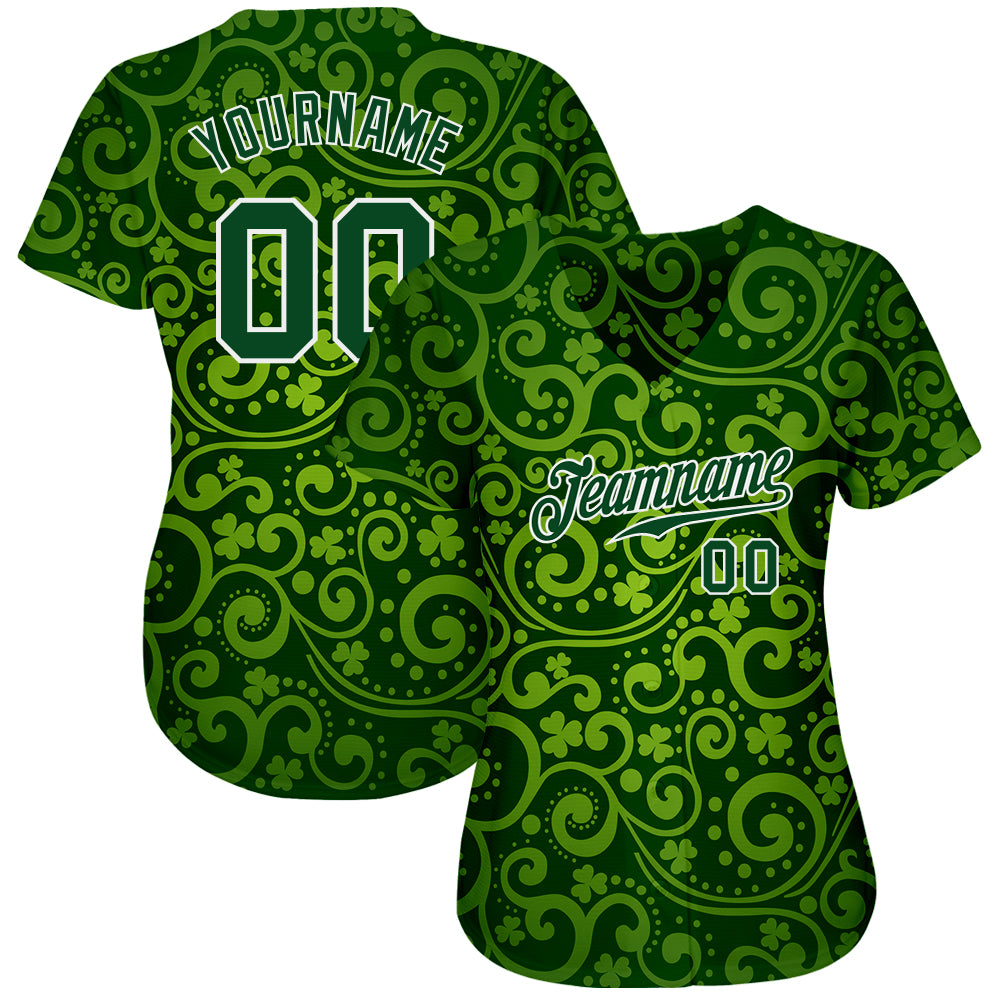Custom Green Green-White 3D Pattern Design Authentic St. Patrick's Day Baseball Jersey baseball jersey product view 2