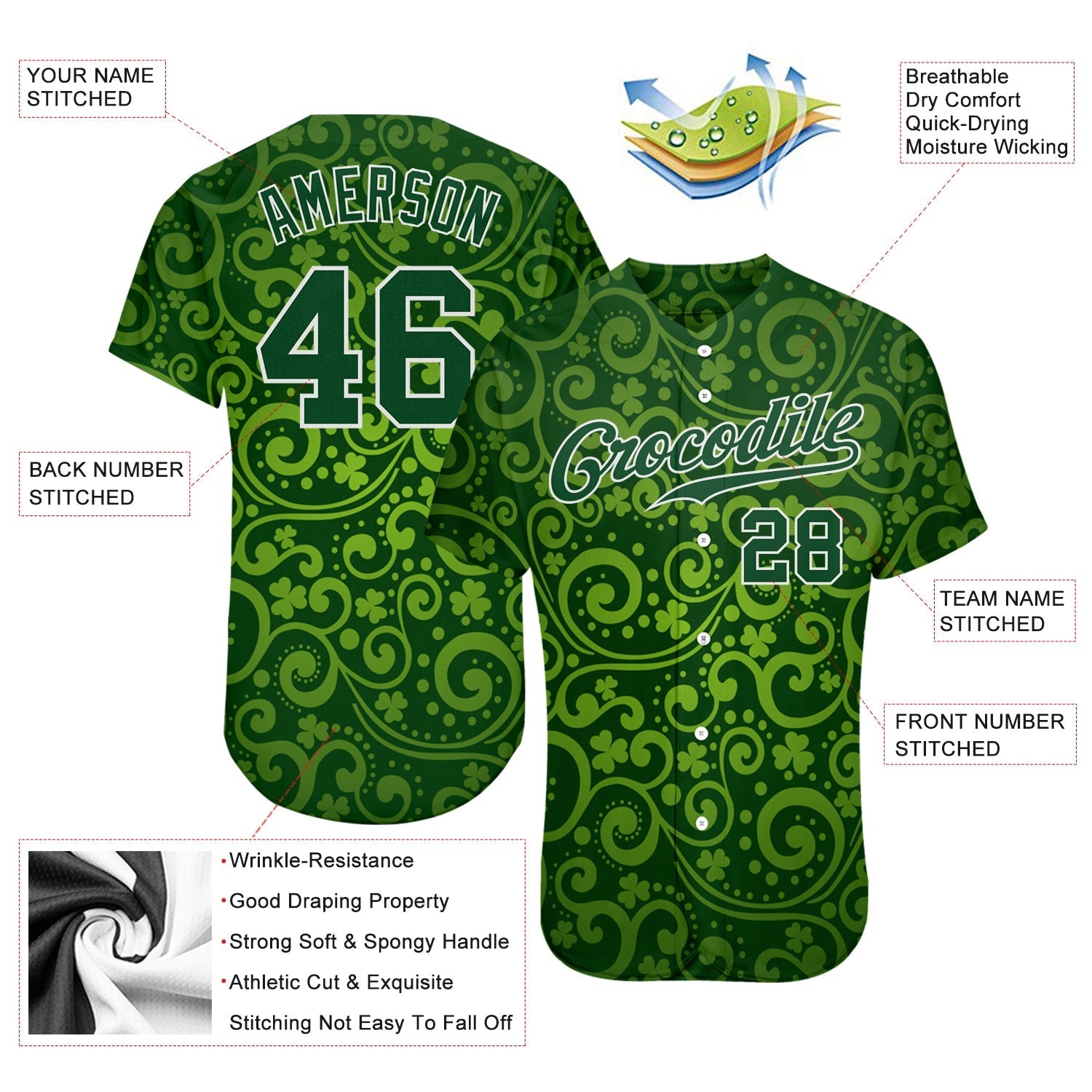 Custom Green Green-White 3D Pattern Design Authentic St. Patrick's Day Baseball Jersey baseball jersey product view 3
