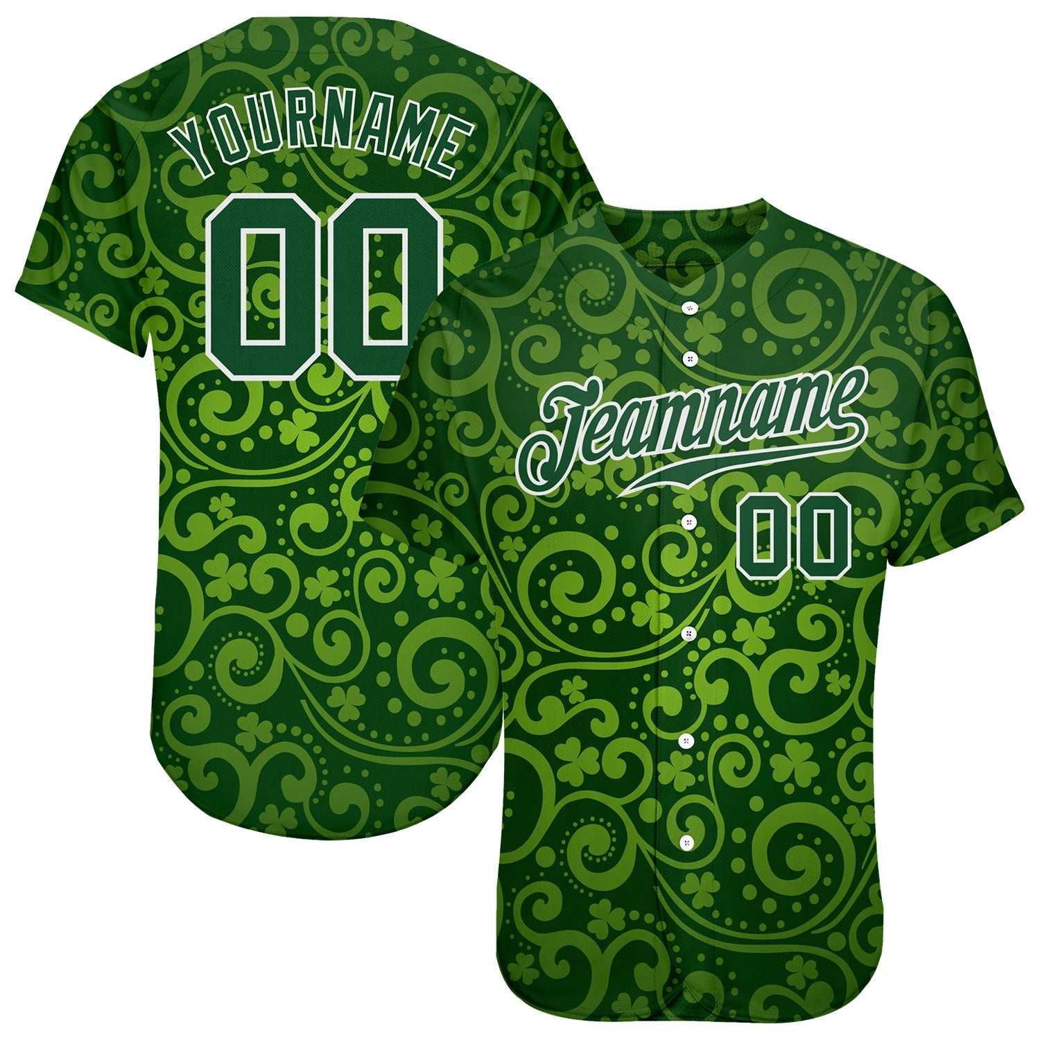 Custom Green Green-White 3D Pattern Design Authentic St. Patrick's Day Baseball Jersey baseball jersey product view 1