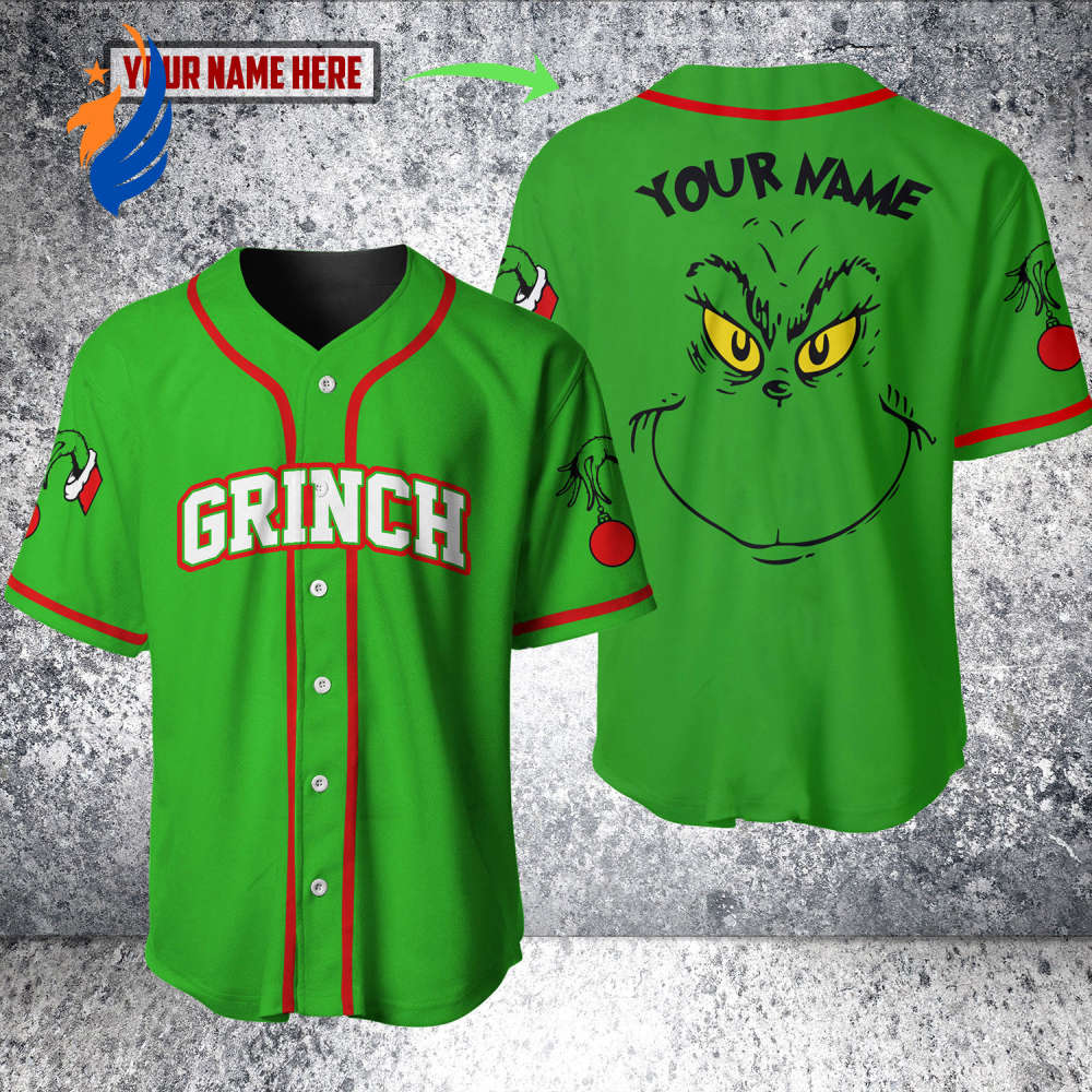 Grinch Face Personalized Name Baseball Jersey - Bafud baseball jersey product view 1