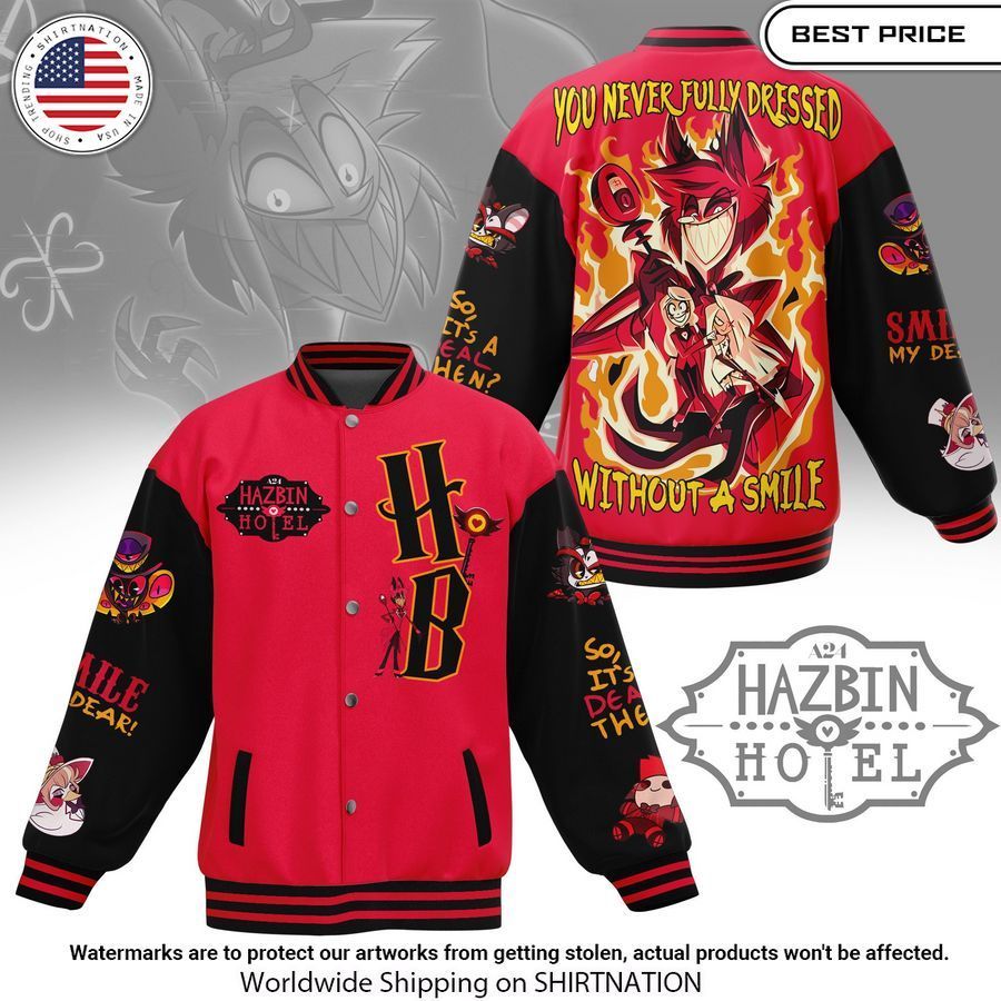 Hazbin Hotel Smile, My Dear Baseball jacket baseball jersey product view 1