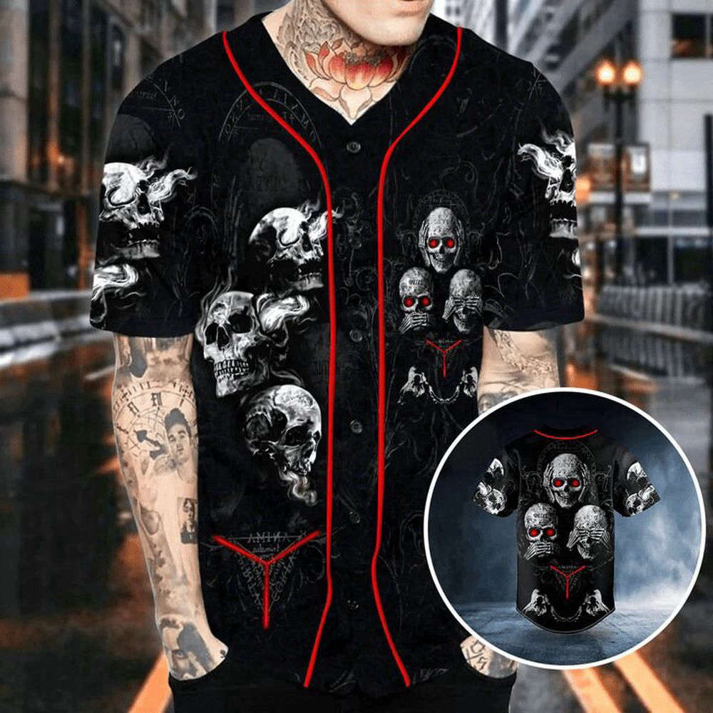 Hear See Speak No Evil Skull Baseball Jersey For Men Women - lylyprint.com baseball jersey product view 2