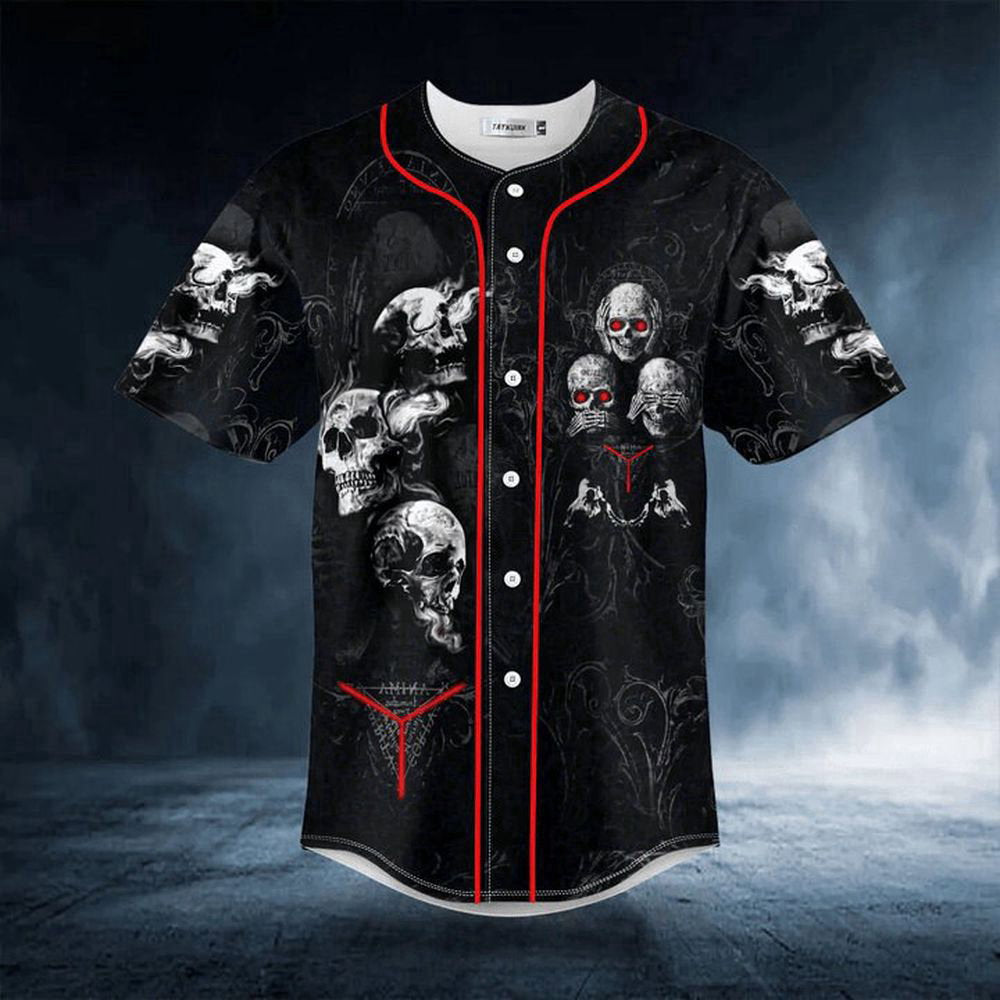 Hear See Speak No Evil Skull Baseball Jersey For Men Women - lylyprint.com baseball jersey product view 3