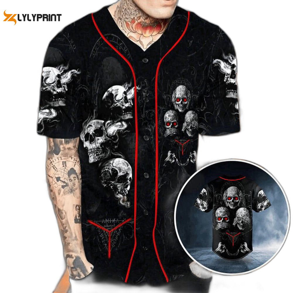 Hear See Speak No Evil Skull Baseball Jersey For Men Women - lylyprint.com baseball jersey product view 1