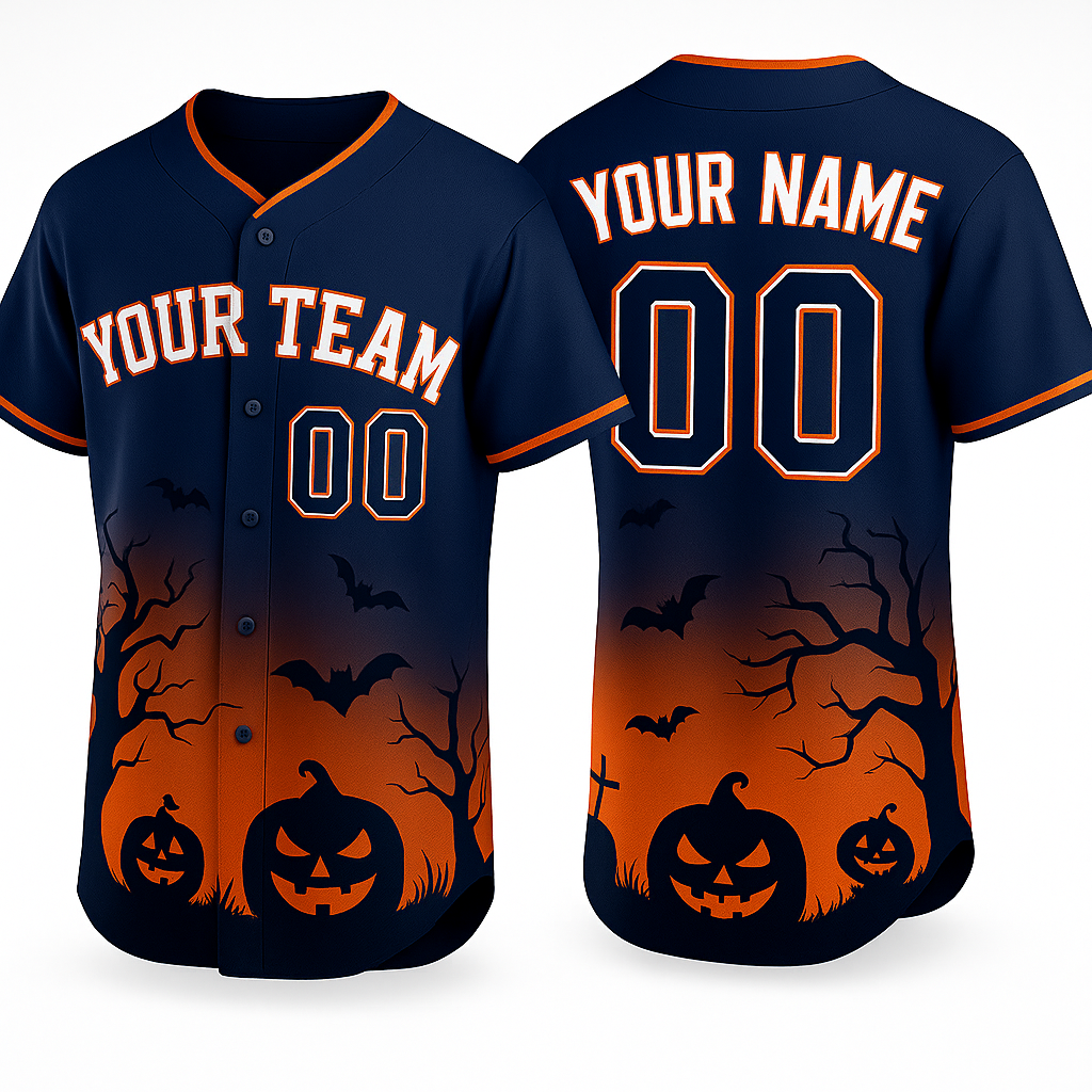 Halloween Baseball Jersey Navy & Orange Custom Jersey with Pumpkins and Bats Personalized Name & Number baseball jersey product view 1