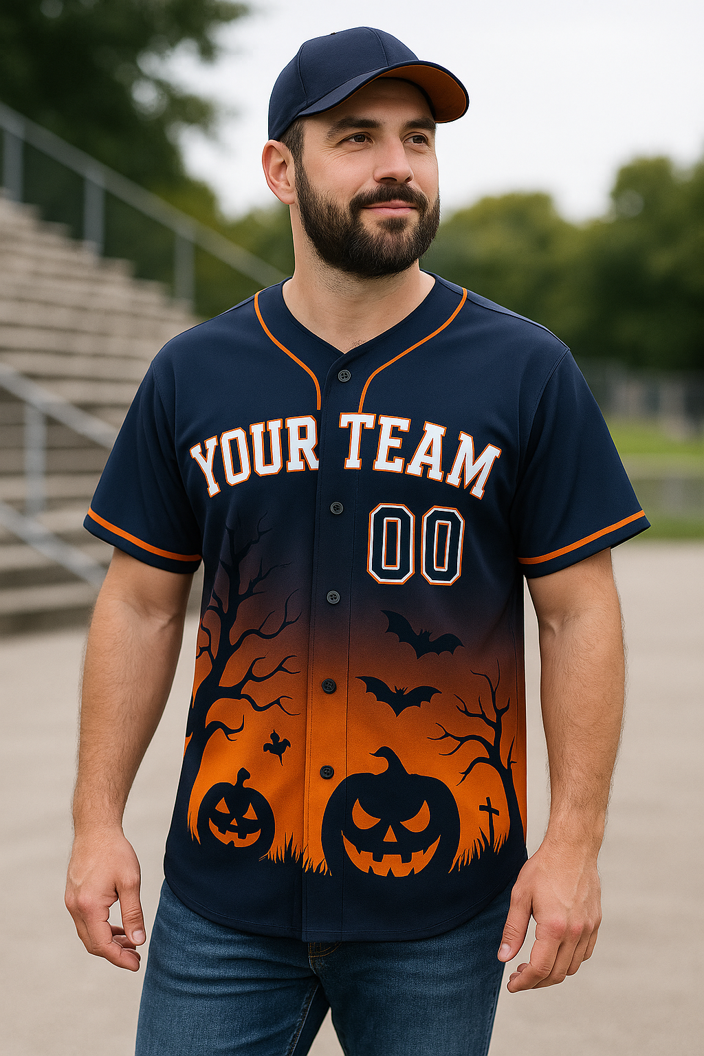 Halloween Baseball Jersey Navy & Orange Custom Jersey with Pumpkins and Bats Personalized Name & Number baseball jersey product view 2