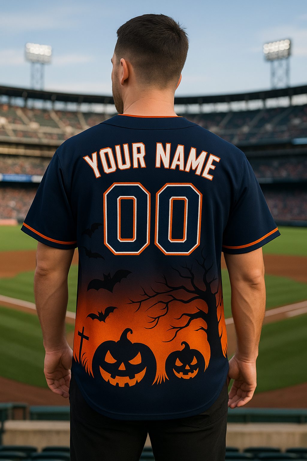 Halloween Baseball Jersey Navy & Orange Custom Jersey with Pumpkins and Bats Personalized Name & Number baseball jersey product view 3