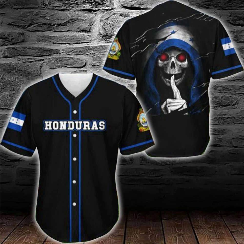 Honduras Skull Black Blue Baseball Jersey: Stylish & Bold Athletic Apparel baseball jersey product view 2