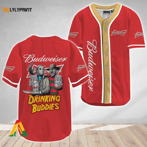 Horror Freddy Jason Drinking Buddies Budweiser Baseball Jersey - lylyprint.com baseball jersey product view 1