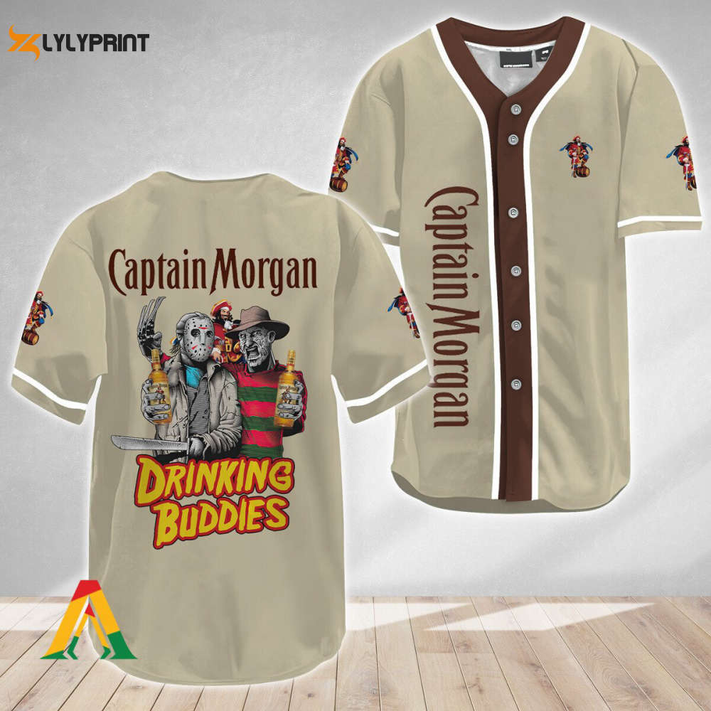 Horror Freddy & Jason Drinking Buddies Captain Morgan Baseball Jersey - lylyprint.com baseball jersey product view 1
