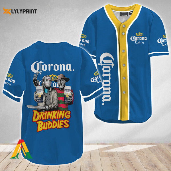 Horror Freddy Jason Drinking Buddies Corona Extra Baseball Jersey - lylyprint.com baseball jersey product view 1