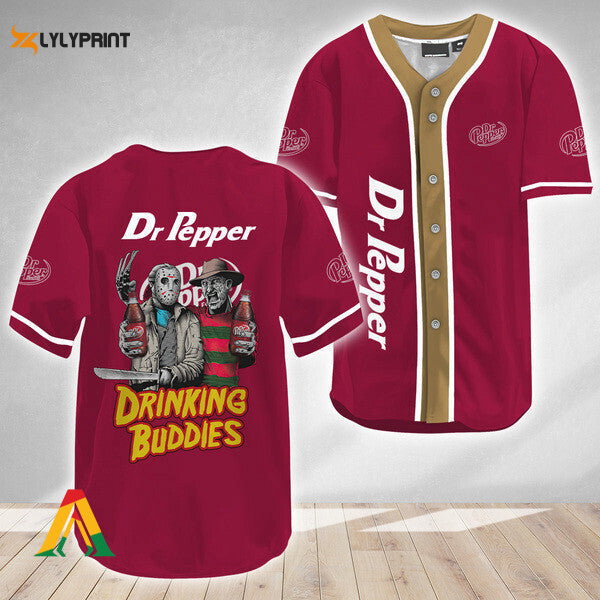 Horror Freddy Jason Drinking Buddies Dr Pepper Baseball Jersey - lylyprint.com baseball jersey product view 1