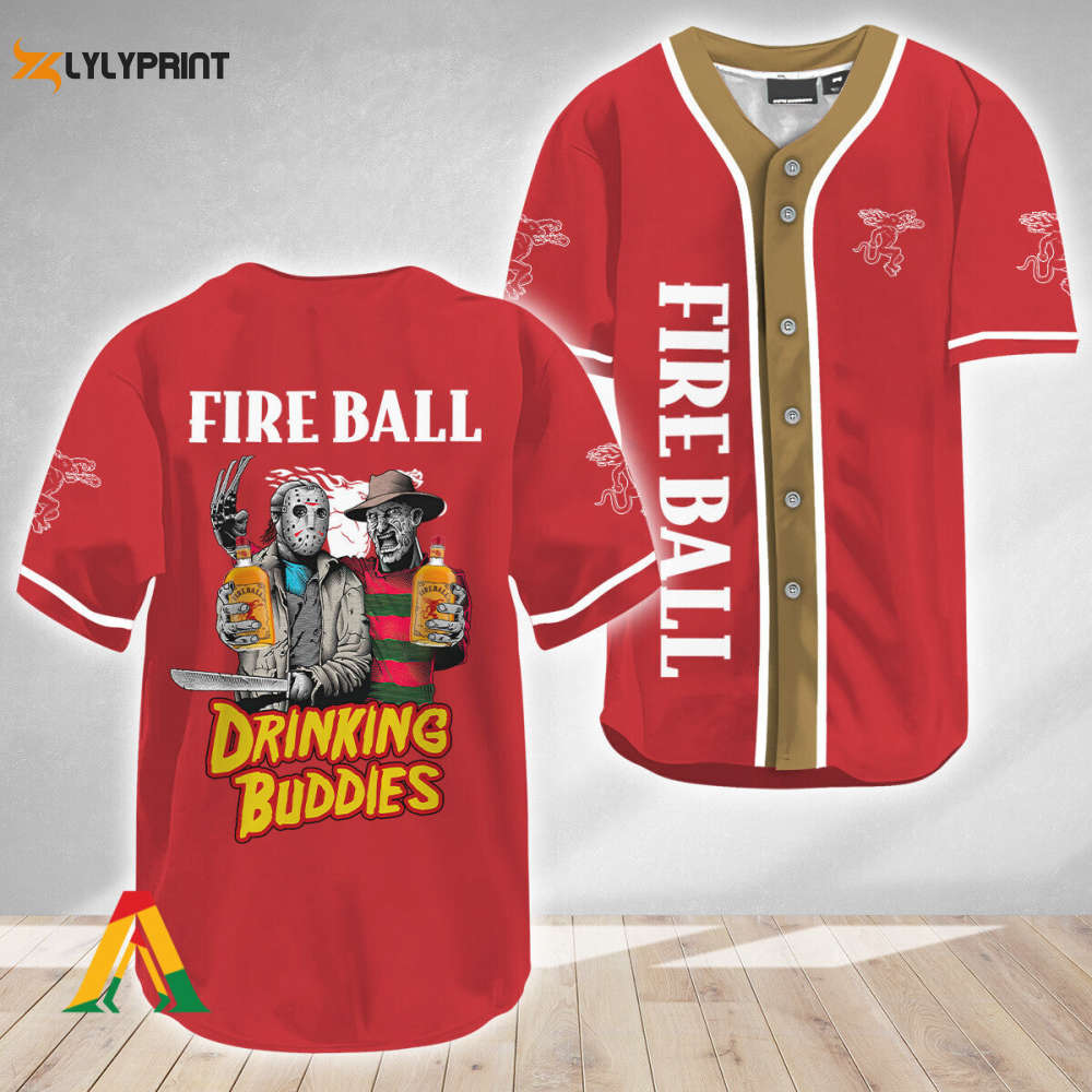 Horror Freddy & Jason Drinking Buddies Fireball Baseball Jersey - lylyprint.com baseball jersey product view 1