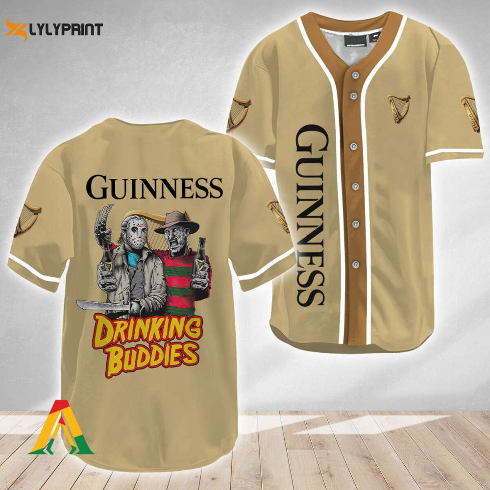 Horror Freddy & Jason Drinking Buddies Guinness Beer Baseball Jersey - lylyprint.com baseball jersey product view 1