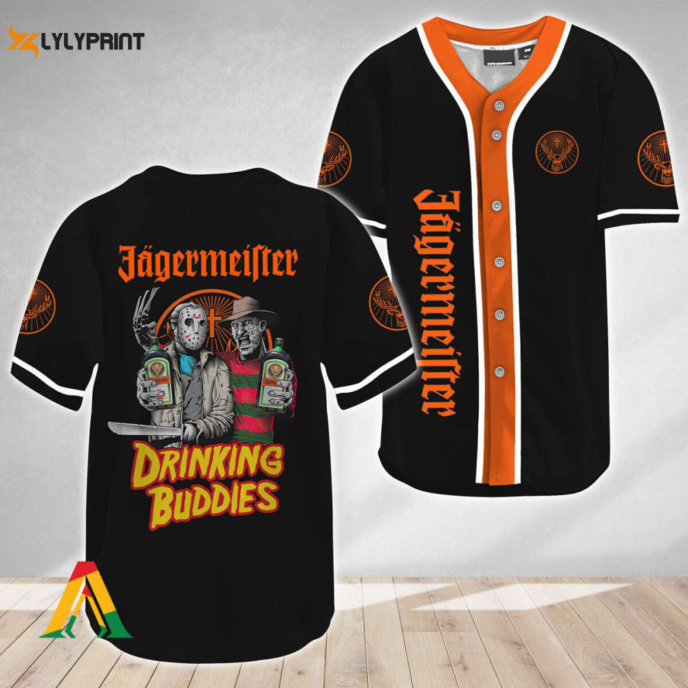 Horror Freddy & Jason Drinking Buddies Jagermeister Baseball Jersey - lylyprint.com baseball jersey product view 1