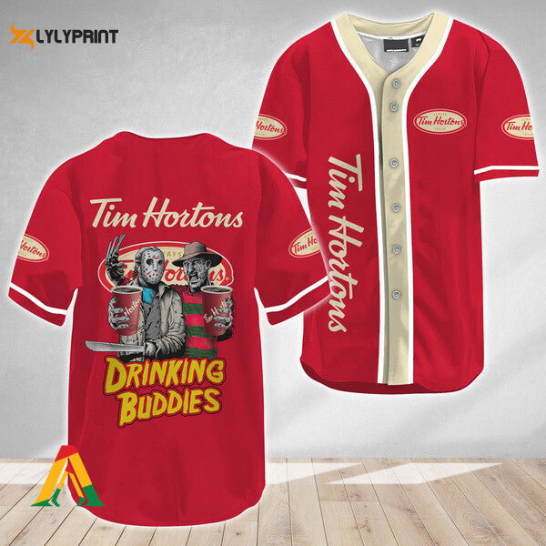 Horror Freddy Jason Drinking Buddies Tim Hortons Baseball Jersey - Gift for Men Women - lylyprint.com baseball jersey product view 1