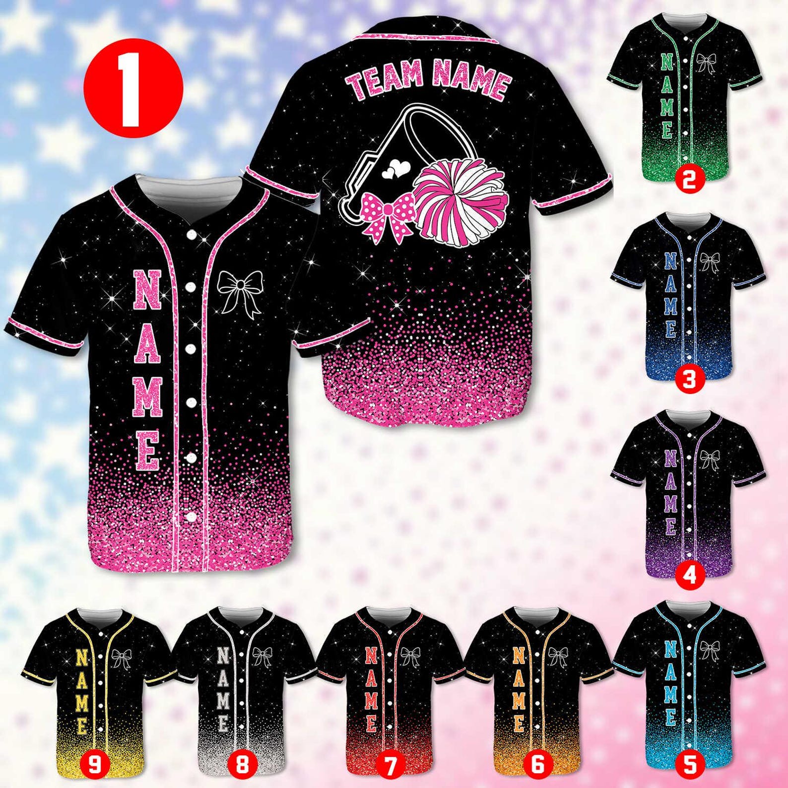 Custom Cheerleading Baseball Jersey, Sparkle Glitter Team Uniform, Personalized Name Number Cheer Team Baseball Shirt for Adult Kid Youth baseball jersey product view 1