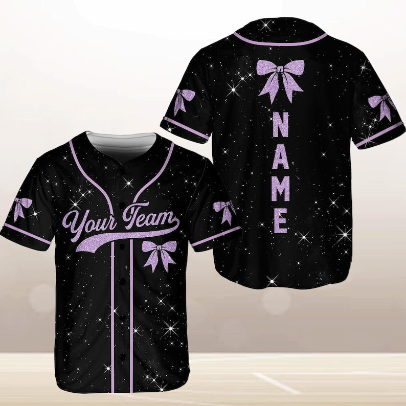 Personalized Team Name Number Bow Ribbon Baseball Jersey, Custom Cheer Baseball Jersey, Glitter Jersey (Printed Glitter, Not Glitter Fabric) baseball jersey product view 4