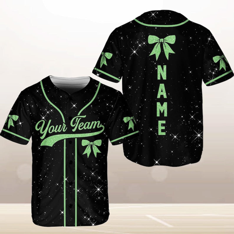 Personalized Team Name Number Bow Ribbon Baseball Jersey, Custom Cheer Baseball Jersey, Glitter Jersey (Printed Glitter, Not Glitter Fabric) baseball jersey product view 3