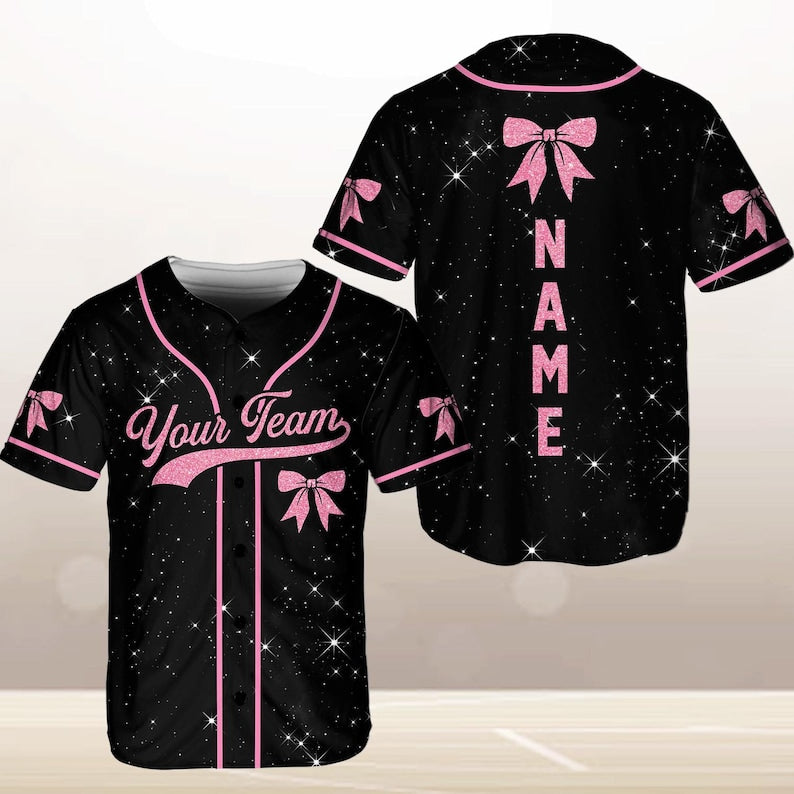 Personalized Team Name Number Bow Ribbon Baseball Jersey, Custom Cheer Baseball Jersey, Glitter Jersey (Printed Glitter, Not Glitter Fabric) baseball jersey product view 2