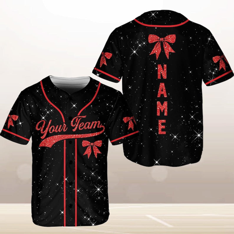 Personalized Team Name Number Bow Ribbon Baseball Jersey, Custom Cheer Baseball Jersey, Glitter Jersey (Printed Glitter, Not Glitter Fabric) baseball jersey product view 5