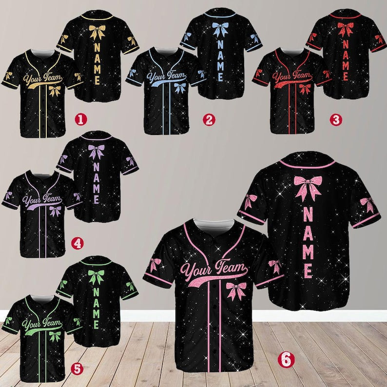 Personalized Team Name Number Bow Ribbon Baseball Jersey, Custom Cheer Baseball Jersey, Glitter Jersey (Printed Glitter, Not Glitter Fabric) baseball jersey product view 1