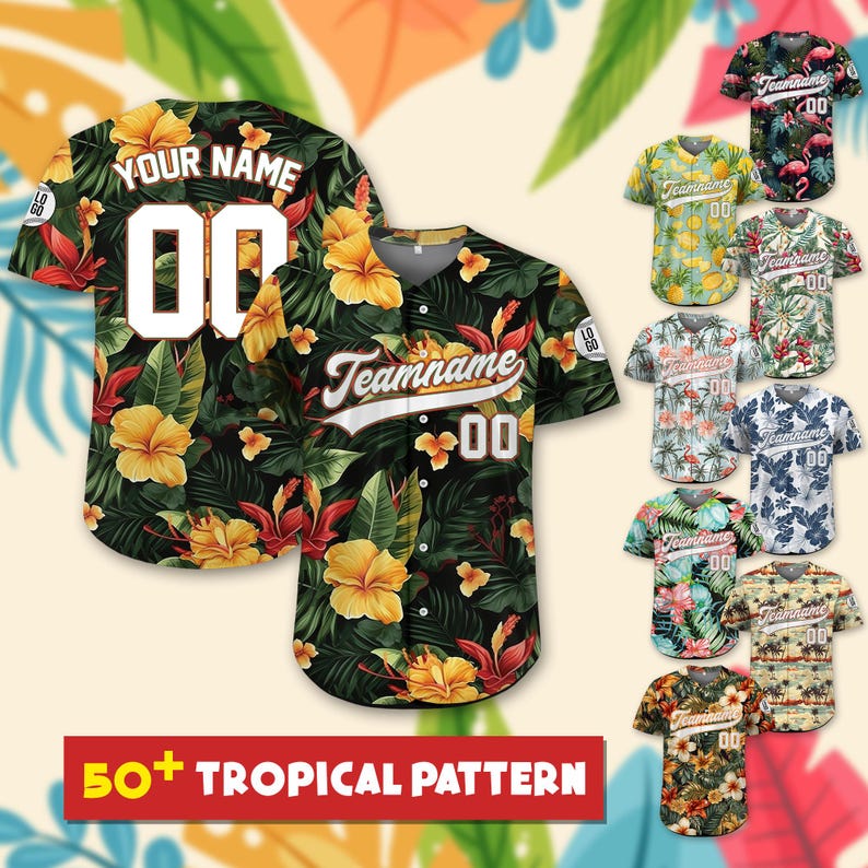 Personalized Hawaiian Baseball Jersey with Team Name Number, Custom Hawaii Floral Shirt for Men Women Youth Kid Jersey Button Down Shirt baseball jersey product view 1