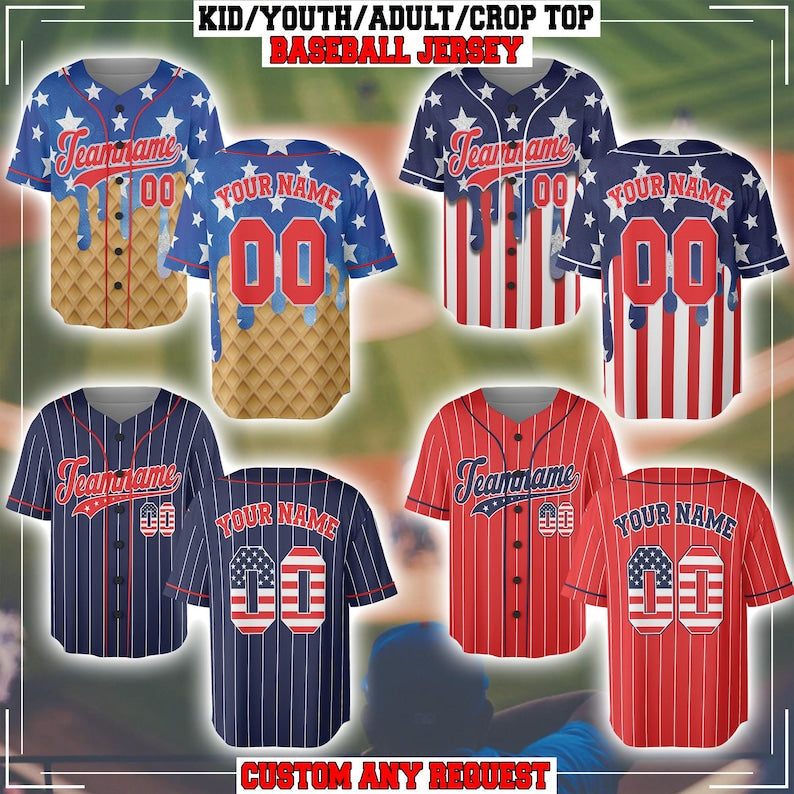 Personalized USA Baseball Jersey, Custom 4th of July Independence Day Patriotic Shirt with Name & Number, Red White Blue Striped Jersey baseball jersey product view 1