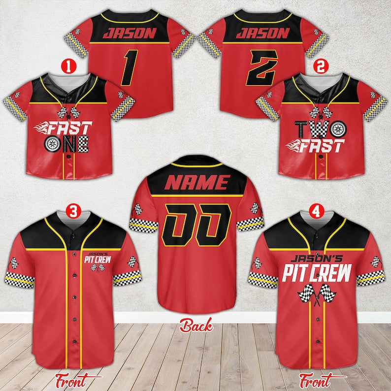 Personalized Pit Crew Baseball Jersey, Custom Name 1st 2nd Birthday Racing Jersey, Matching Family Fast One, Two Fast Baseball Jersey baseball jersey product view 1