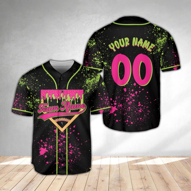 Animals Baseball Jersey, Monkey Team Custom Name And Number Baseball Jersey, Pink And Black Paint Splatter Jersey, Team Party Uniform baseball jersey product view 4