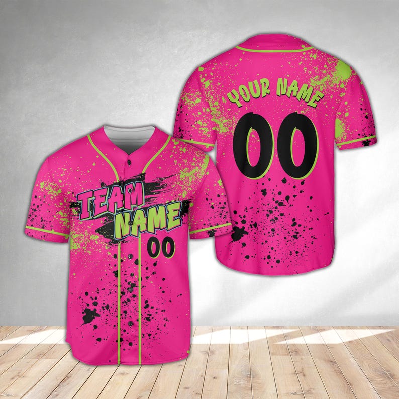 Animals Baseball Jersey, Monkey Team Custom Name And Number Baseball Jersey, Pink And Black Paint Splatter Jersey, Team Party Uniform baseball jersey product view 1