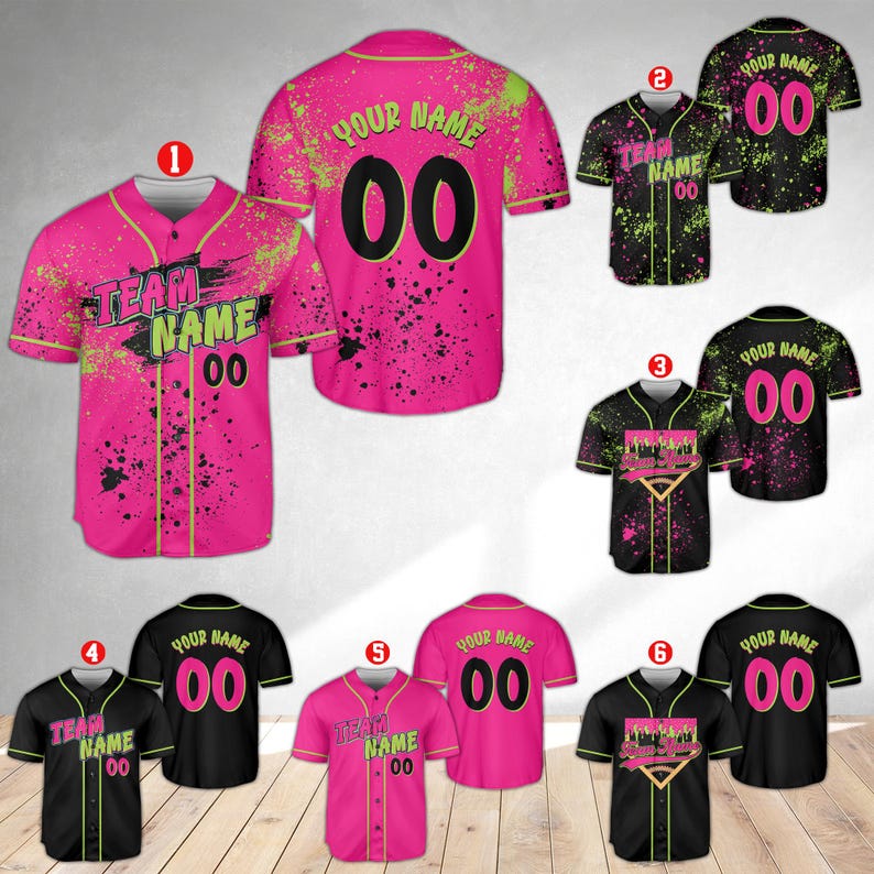 Animals Baseball Jersey, Monkey Team Custom Name And Number Baseball Jersey, Pink And Black Paint Splatter Jersey, Team Party Uniform baseball jersey product view 2