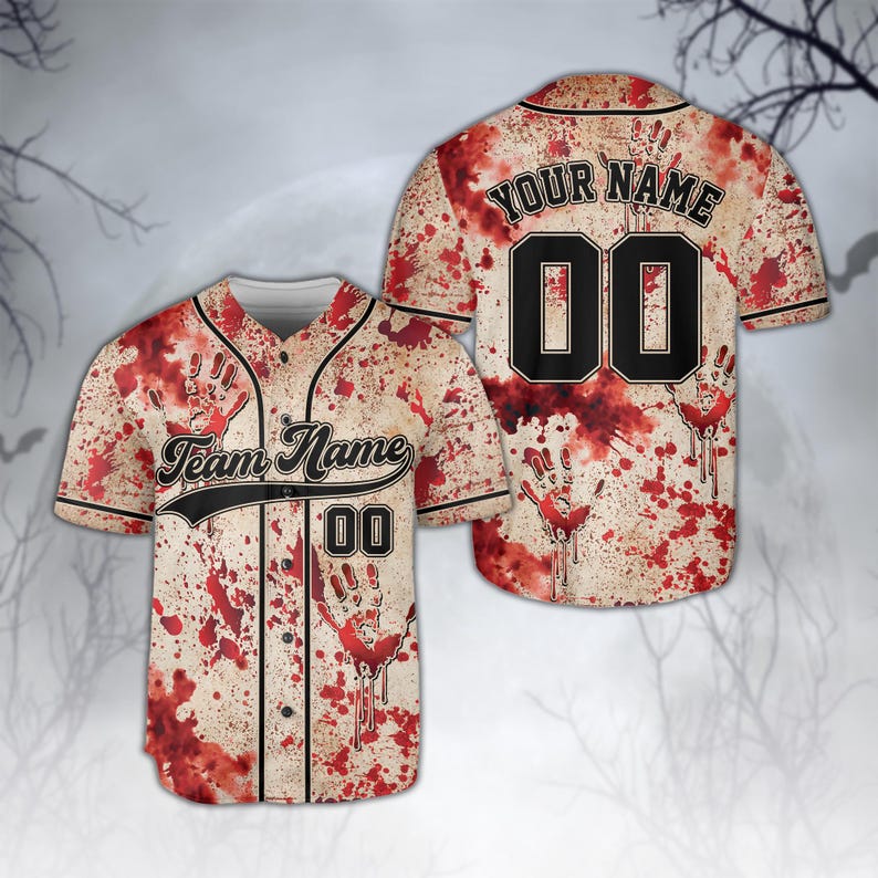 Bloody Horror Halloween Baseball Jersey, Custom Name And Number Halloween Jersey, Creepy Halloween Team Jersey, Personalized Halloween Gift baseball jersey product view 2