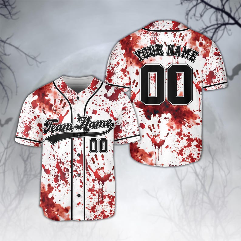 Bloody Horror Halloween Baseball Jersey, Custom Name And Number Halloween Jersey, Creepy Halloween Team Jersey, Personalized Halloween Gift baseball jersey product view 1