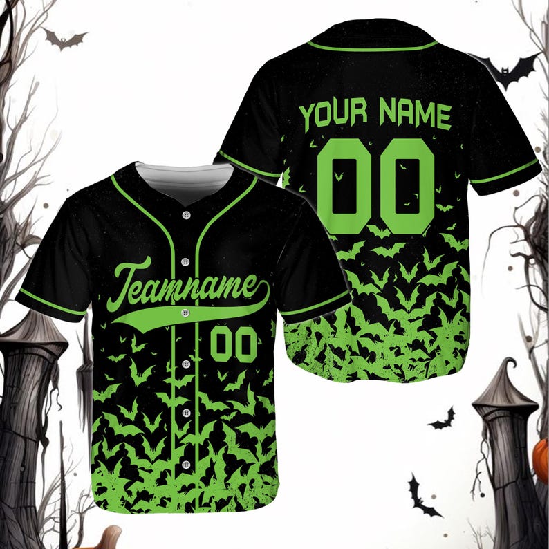 Custom Halloween Baseball Jersey with Personalized Name and Number, Spooky Flying Bats Print, Unique Costume Gift for Halloween Party baseball jersey product view 2