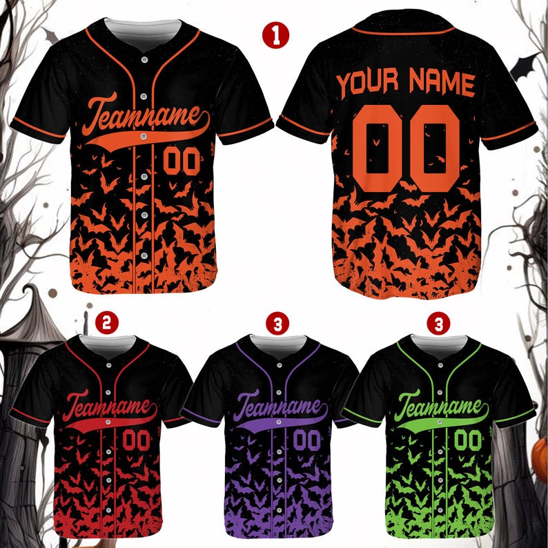 Custom Halloween Baseball Jersey with Personalized Name and Number, Spooky Flying Bats Print, Unique Costume Gift for Halloween Party baseball jersey product view 5