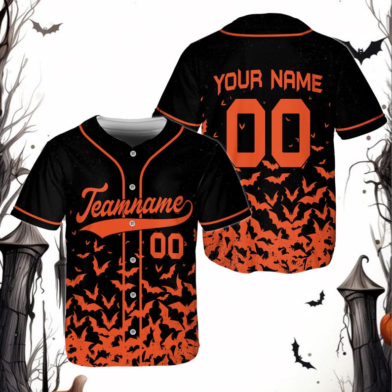 Custom Halloween Baseball Jersey with Personalized Name and Number, Spooky Flying Bats Print, Unique Costume Gift for Halloween Party baseball jersey product view 3